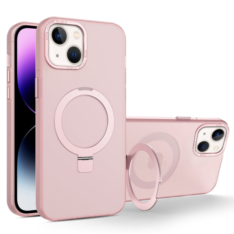 For iPhone 14 MagSafe Metal Holder Frosted Translucent Phone Case(Pink)