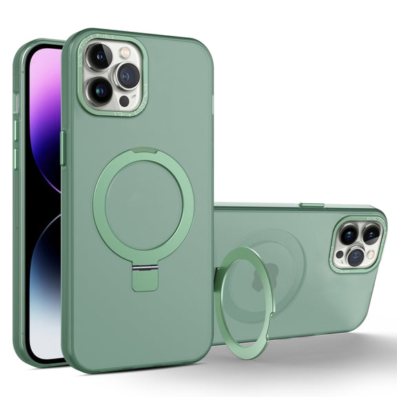 For iPhone 12 Pro Max MagSafe Metal Holder Frosted Translucent Phone Case(Green)