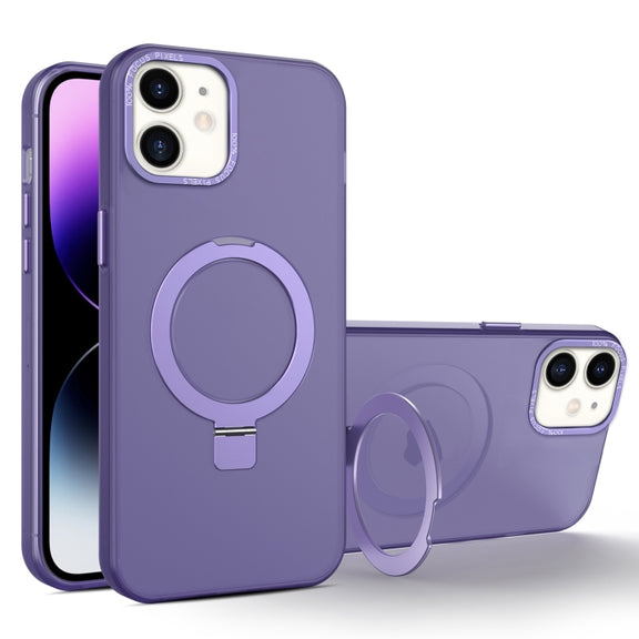 For iPhone 11 MagSafe Metal Holder Frosted Translucent Phone Case(Dark Purple)