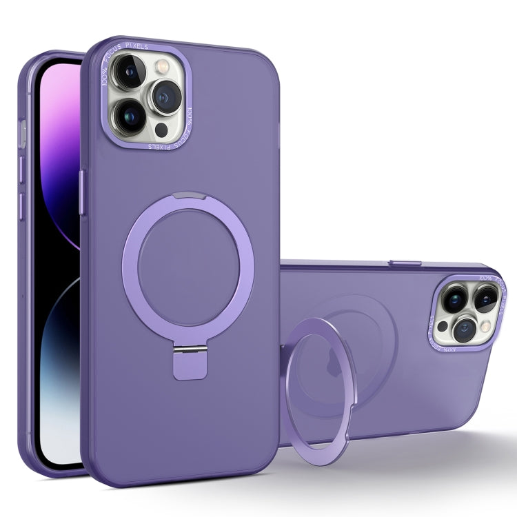 For iPhone 11 Pro MagSafe Metal Holder Frosted Translucent Phone Case(Dark Purple)