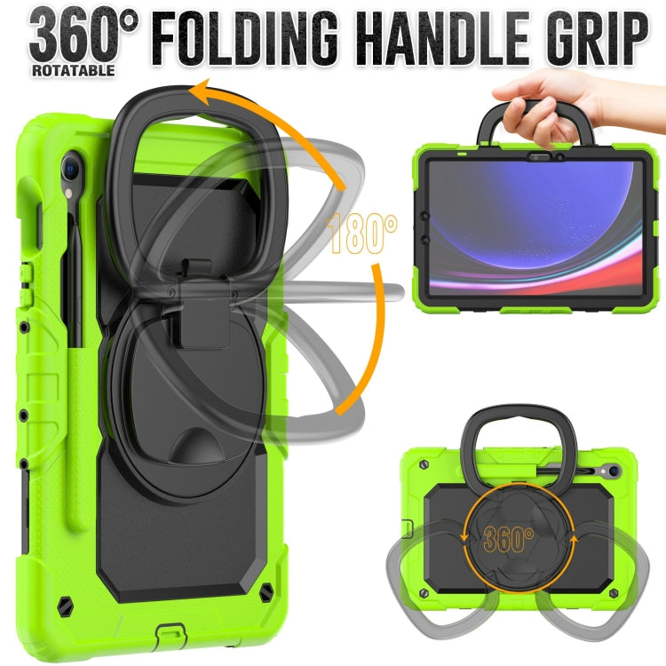For Samsung Galaxy Tab S9 D Type Silicone Hybrid PC Tablet Case with Handle Holder(Yellow Green)