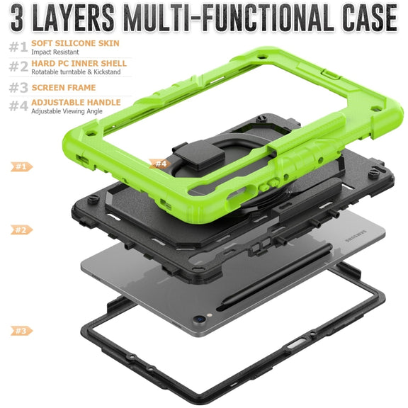 For Samsung Galaxy Tab S9 D Type Silicone Hybrid PC Tablet Case with Handle Holder(Yellow Green)