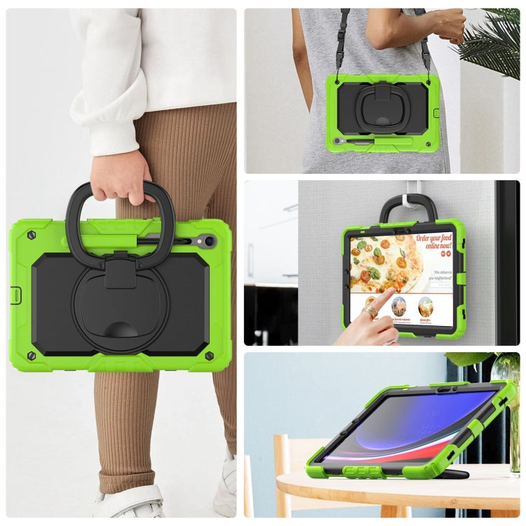 For Samsung Galaxy Tab S9 D Type Silicone Hybrid PC Tablet Case with Handle Holder(Yellow Green)