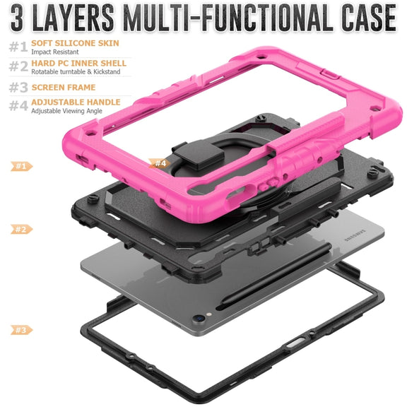 For Samsung Galaxy Tab S9 D Type Silicone Hybrid PC Tablet Case with Handle Holder(Rose Red)