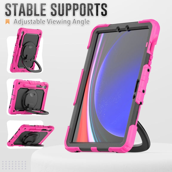 For Samsung Galaxy Tab S9 D Type Silicone Hybrid PC Tablet Case with Handle Holder(Rose Red)