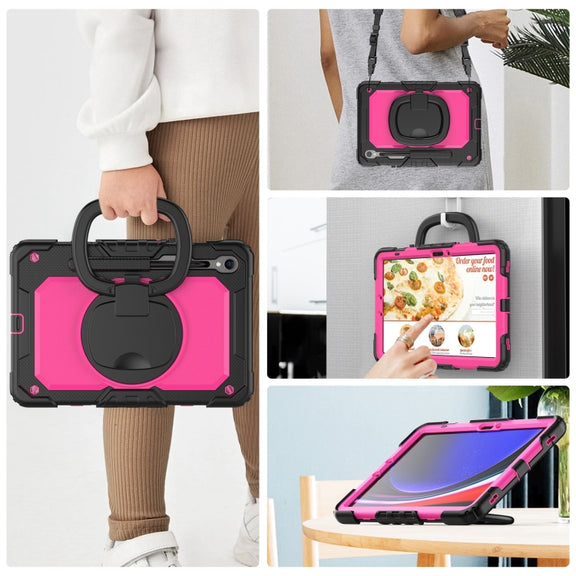 For Samsung Galaxy Tab S9 D Type Silicone Hybrid PC Tablet Case with Handle Holder(Rose Red PC)