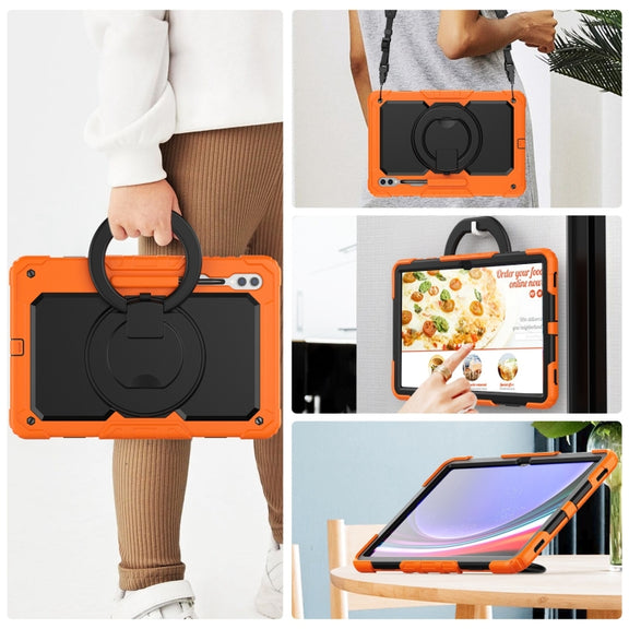 For Samsung Galaxy Tab S10 Ultra D Type Silicone Hybrid PC Tablet Case with Handle Holder(Orange)