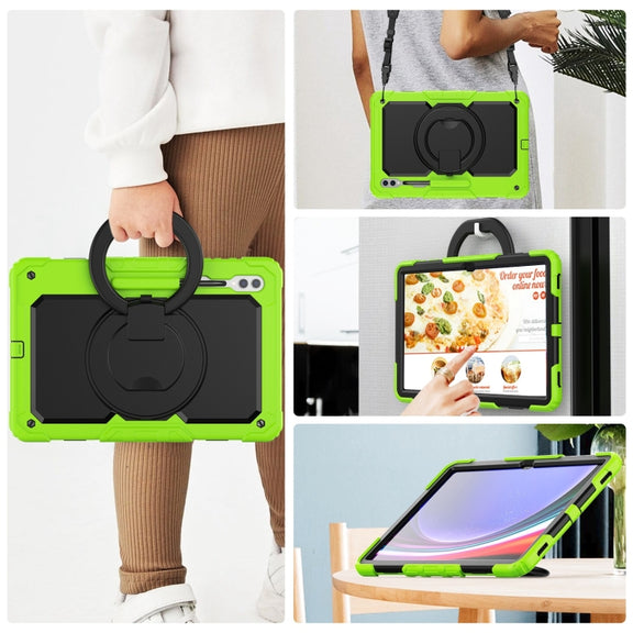 For Samsung Galaxy Tab S10 Ultra D Type Silicone Hybrid PC Tablet Case with Handle Holder(Yellow Green)