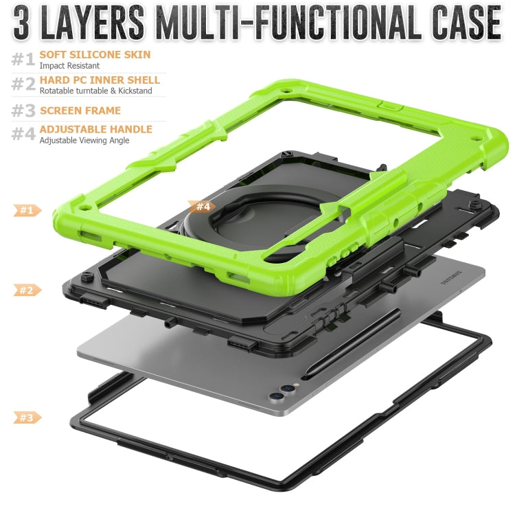 For Samsung Galaxy Tab S10 Ultra D Type Silicone Hybrid PC Tablet Case with Handle Holder(Yellow Green)