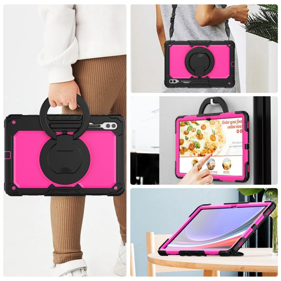 For Samsung Galaxy Tab S10 Ultra D Type Silicone Hybrid PC Tablet Case with Handle Holder(Rose Red PC)