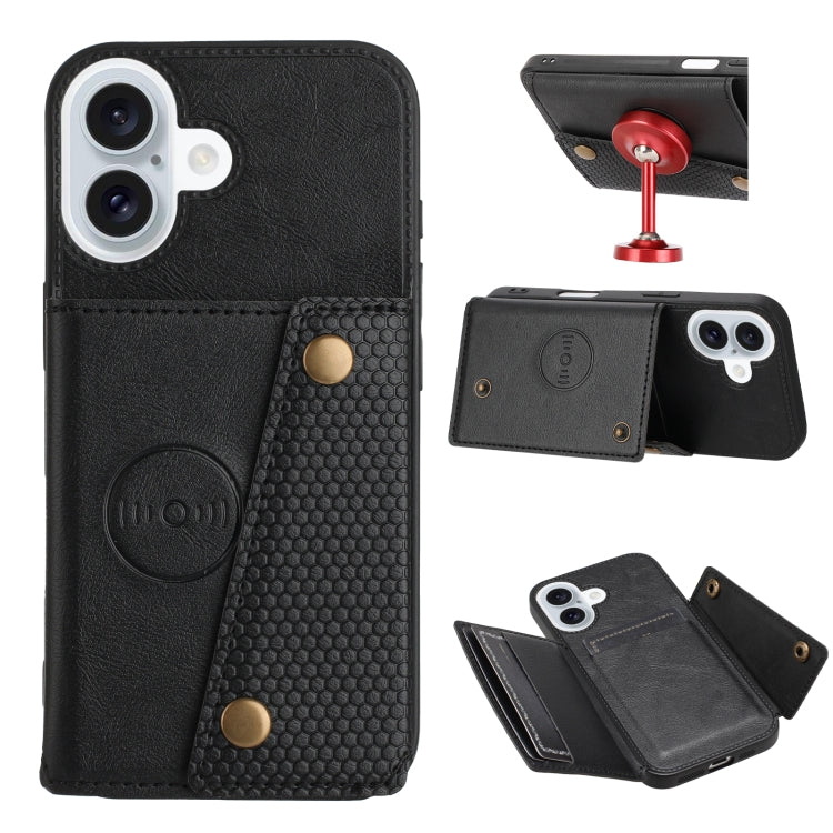 For iPhone 16 Double Buckle Card Slots PU + TPU Phone Case(Black)