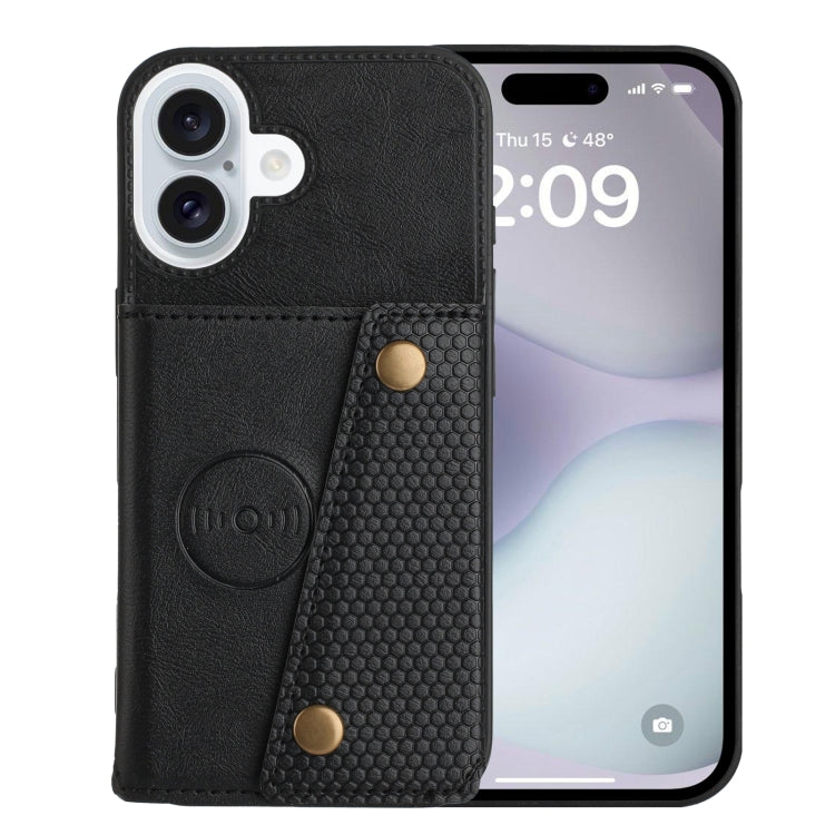 For iPhone 16 Double Buckle Card Slots PU + TPU Phone Case(Black)