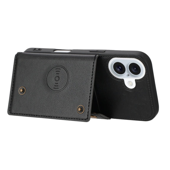 For iPhone 16 Double Buckle Card Slots PU + TPU Phone Case(Black)