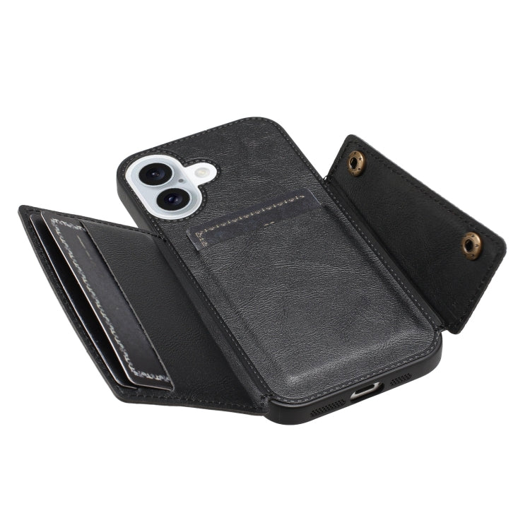 For iPhone 16 Double Buckle Card Slots PU + TPU Phone Case(Black)