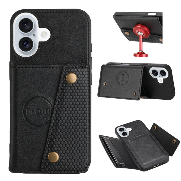 For iPhone 16 Double Buckle Card Slots PU + TPU Phone Case(Black)
