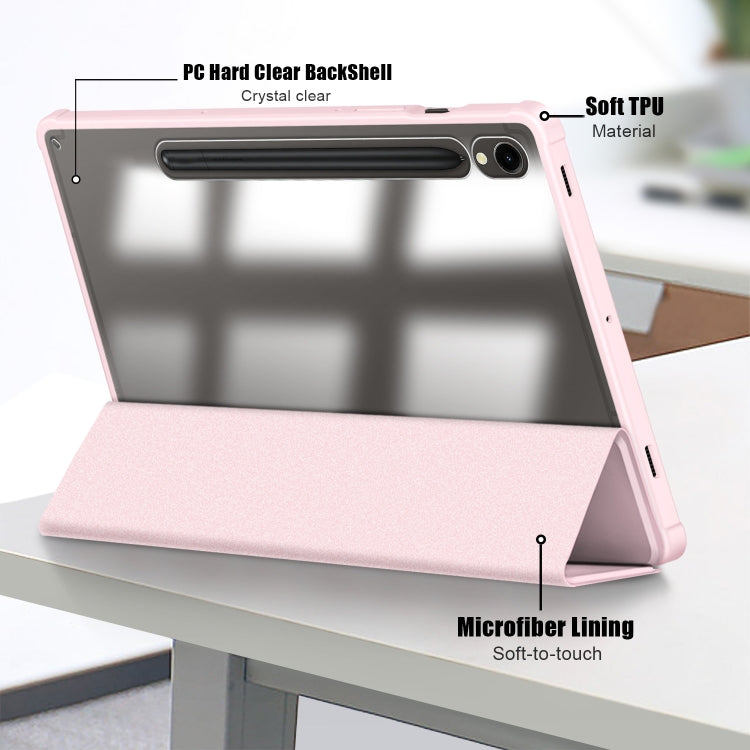 For Samsung Galaxy Tab S9 Acrylic 3-folding Smart Leather Tablet Case(Pink)