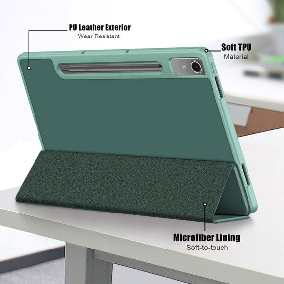 For Lenovo Tab P12 12.7 /P12 Pro 2nd Gen 3-folding TPU Smart Leather Tablet Case(Deep Green)