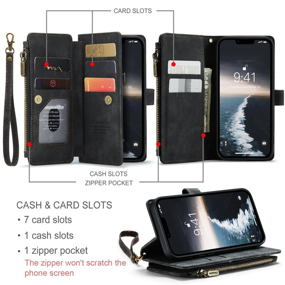 For iPhone 15 CaseMe C30 Multifunctional Leather Phone Case(Black)
