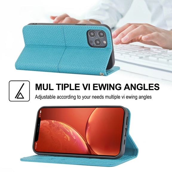 For iPhone 16 Pro Woven Texture Stitching Magnetic Leather Phone Case(Blue)