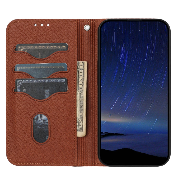 For iPhone 16e Woven Texture Stitching Magnetic Leather Phone Case(Brown)