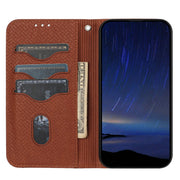 For iPhone 16e Woven Texture Stitching Magnetic Leather Phone Case(Brown)