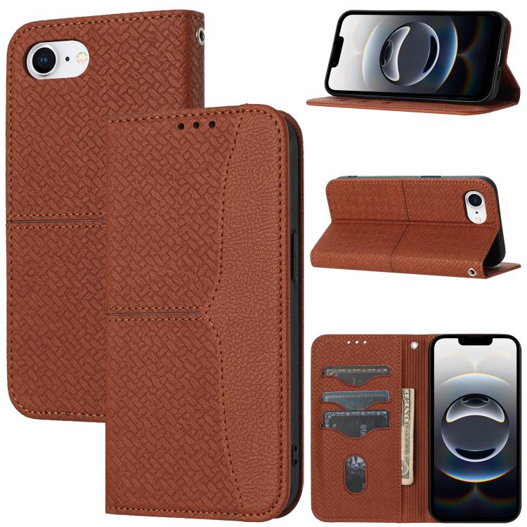 For iPhone 16e Woven Texture Stitching Magnetic Leather Phone Case(Brown)