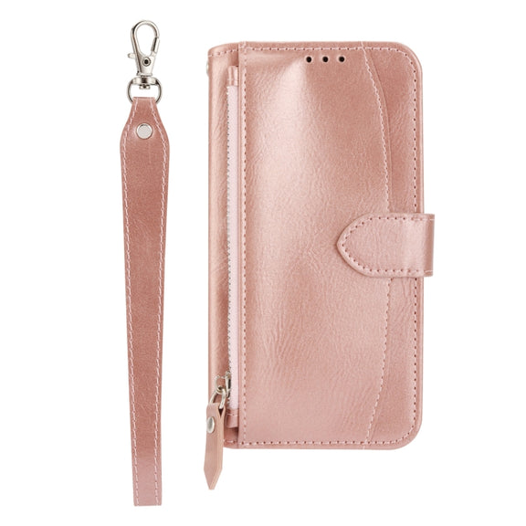 For iPhone 16 Oil Skin Zipper Wallet Leather Phone Case(Rose Gold)