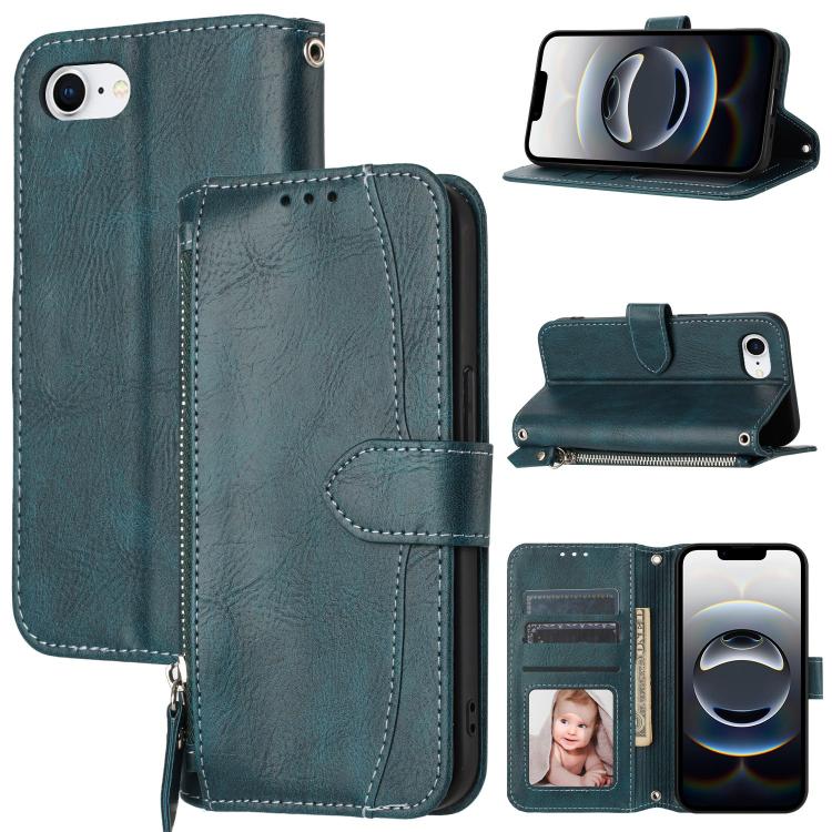 For iPhone 16e Oil Skin Zipper Wallet Leather Phone Case(Blue)