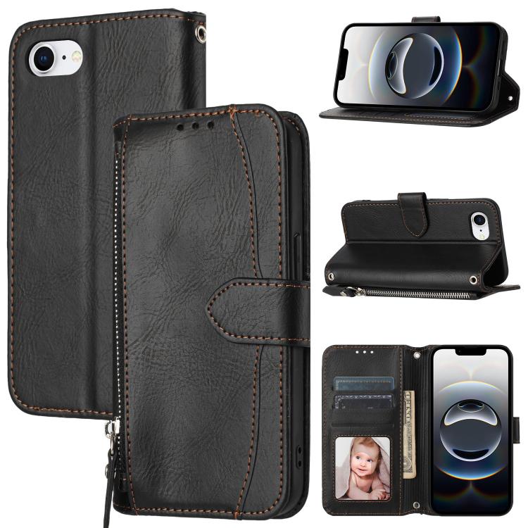For iPhone 16e Oil Skin Zipper Wallet Leather Phone Case(Black)