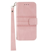 For iPhone 16 Pro Max Embossed Stripes Skin Feel Leather Phone Case(Pink)
