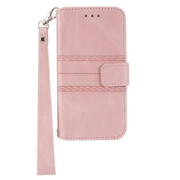 For iPhone 16 Pro Max Embossed Stripes Skin Feel Leather Phone Case(Pink)