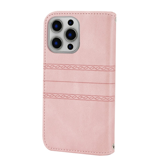 For iPhone 16 Pro Max Embossed Stripes Skin Feel Leather Phone Case(Pink)