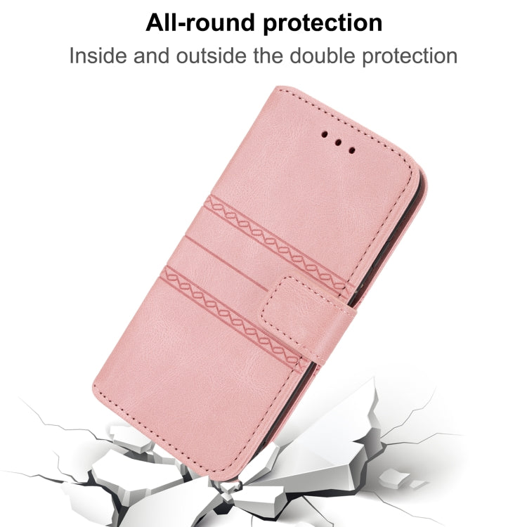 For iPhone 16 Pro Max Embossed Stripes Skin Feel Leather Phone Case(Pink)