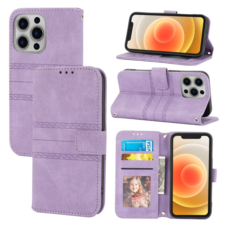For iPhone 16 Pro Embossed Stripes Skin Feel Leather Phone Case(Light Purple)