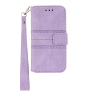 For iPhone 16 Pro Embossed Stripes Skin Feel Leather Phone Case(Light Purple)