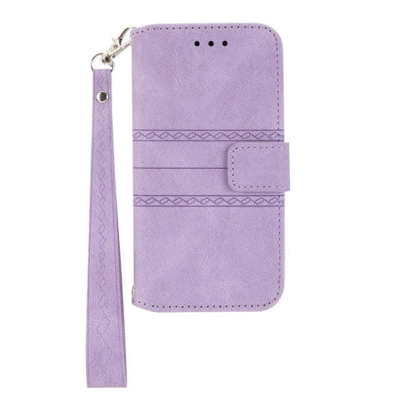 For iPhone 16 Pro Embossed Stripes Skin Feel Leather Phone Case(Light Purple)