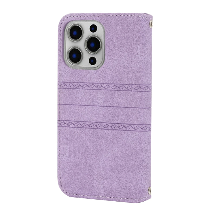 For iPhone 16 Pro Embossed Stripes Skin Feel Leather Phone Case(Light Purple)