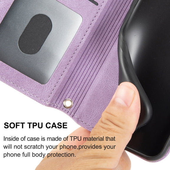 For iPhone 16 Pro Embossed Stripes Skin Feel Leather Phone Case(Light Purple)