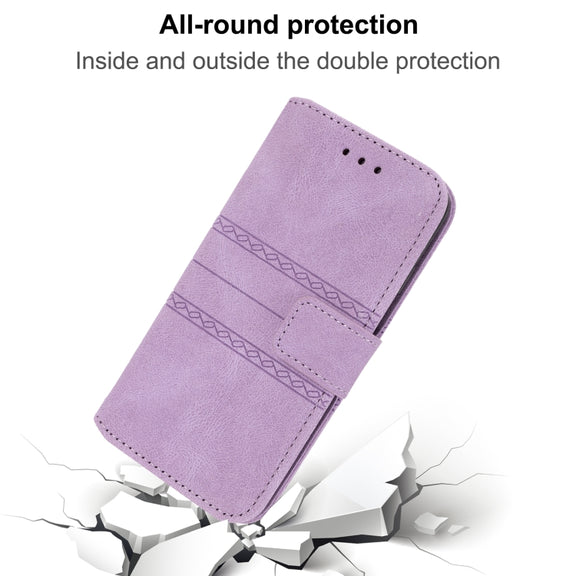 For iPhone 16 Pro Embossed Stripes Skin Feel Leather Phone Case(Light Purple)