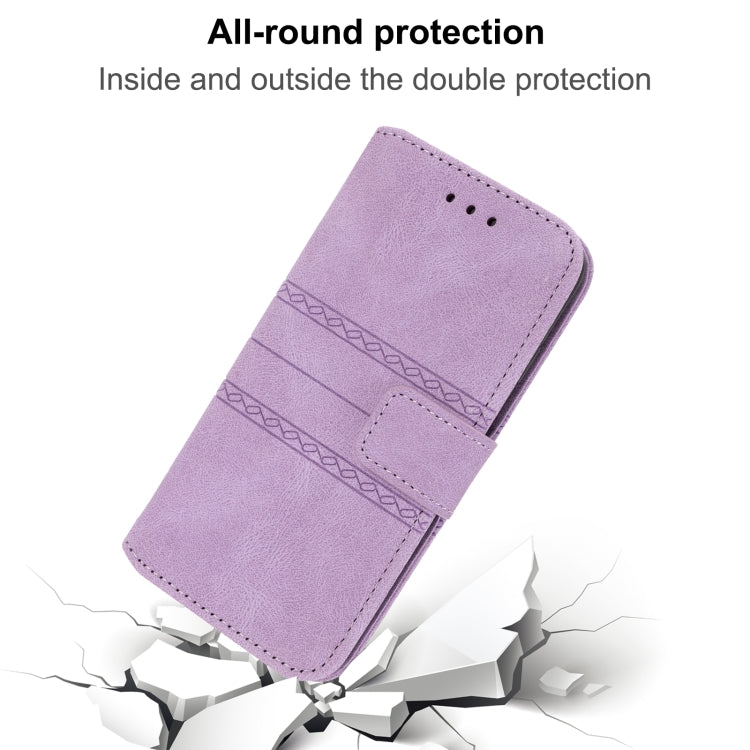 For iPhone 16 Pro Embossed Stripes Skin Feel Leather Phone Case(Light Purple)