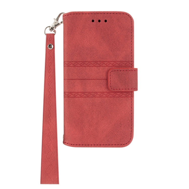 For iPhone 16 Embossed Stripes Skin Feel Leather Phone Case(Red)