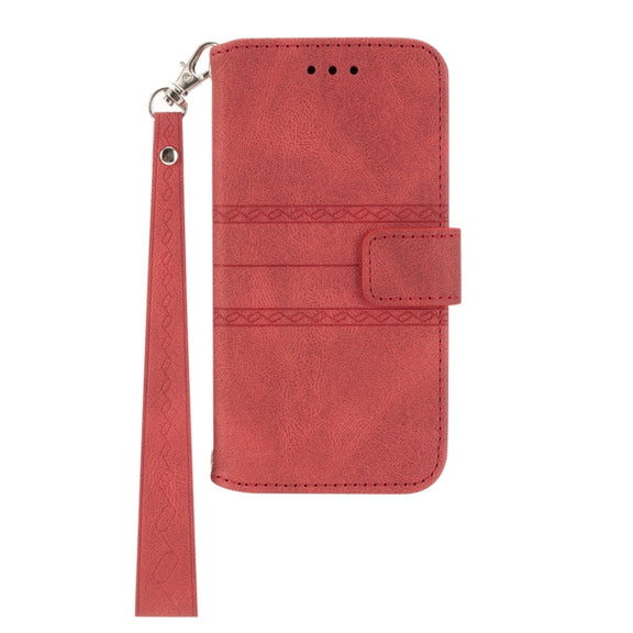 For iPhone 16 Embossed Stripes Skin Feel Leather Phone Case(Red)