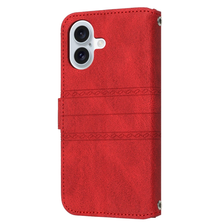 For iPhone 16 Embossed Stripes Skin Feel Leather Phone Case(Red)