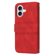 For iPhone 16 Embossed Stripes Skin Feel Leather Phone Case(Red)