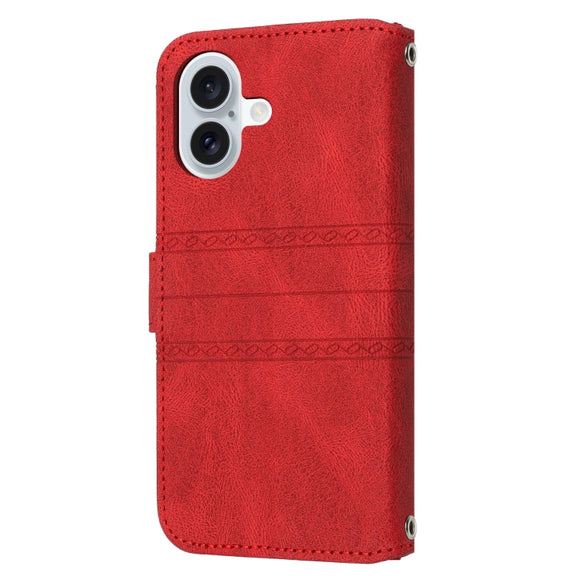 For iPhone 16 Embossed Stripes Skin Feel Leather Phone Case(Red)