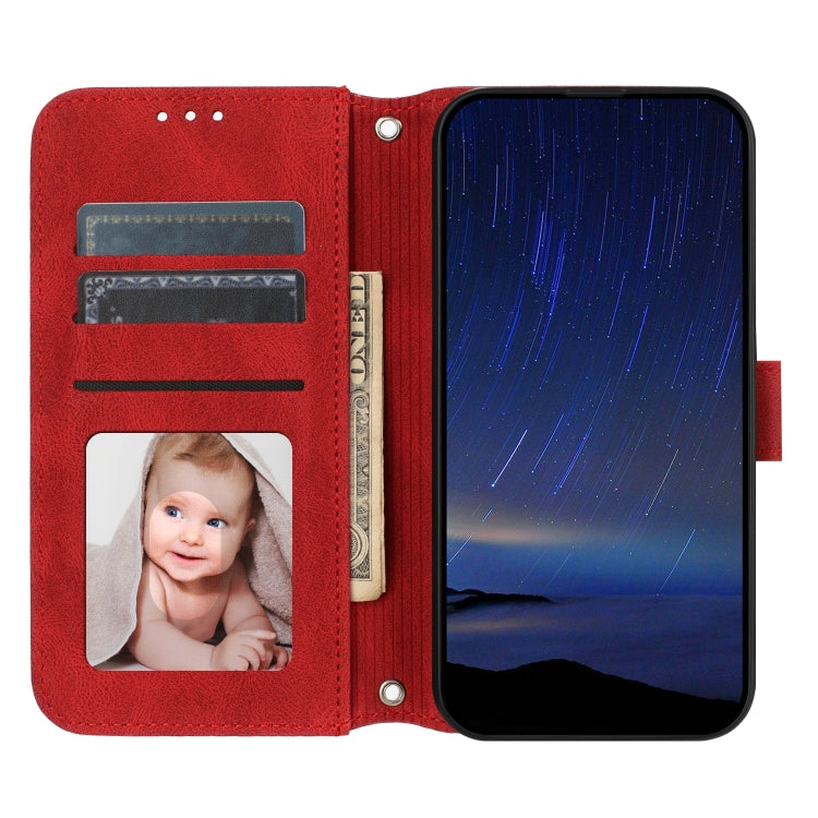 For iPhone 16 Embossed Stripes Skin Feel Leather Phone Case(Red)