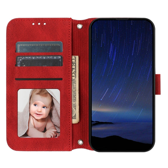 For iPhone 16 Embossed Stripes Skin Feel Leather Phone Case(Red)
