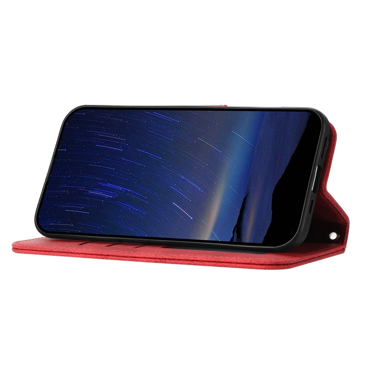 For iPhone 16 Embossed Stripes Skin Feel Leather Phone Case(Red)