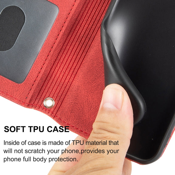 For iPhone 16 Embossed Stripes Skin Feel Leather Phone Case(Red)