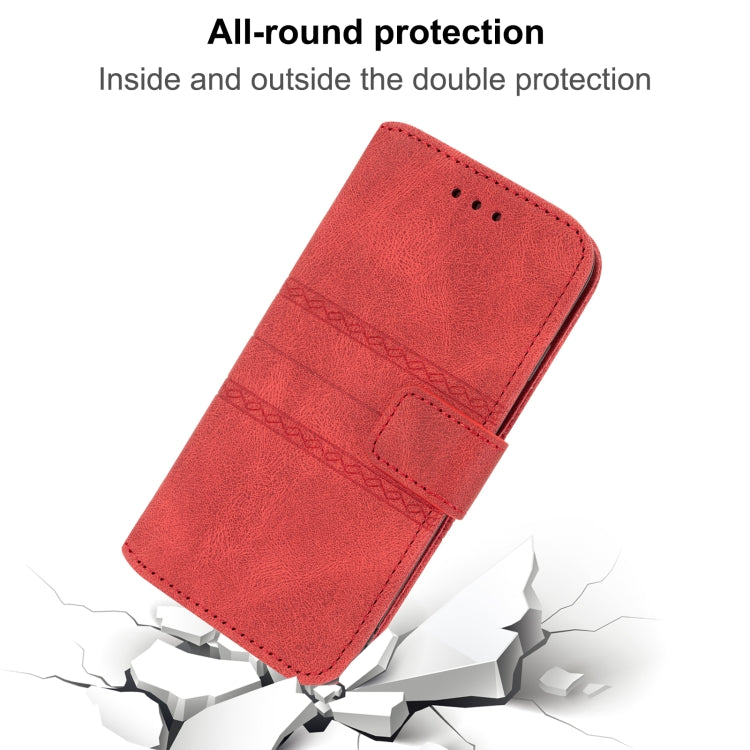 For iPhone 16 Embossed Stripes Skin Feel Leather Phone Case(Red)